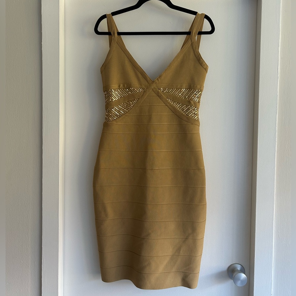 Herve Leger Paris mustard yellow beaded jewel bodycon bandage dress
